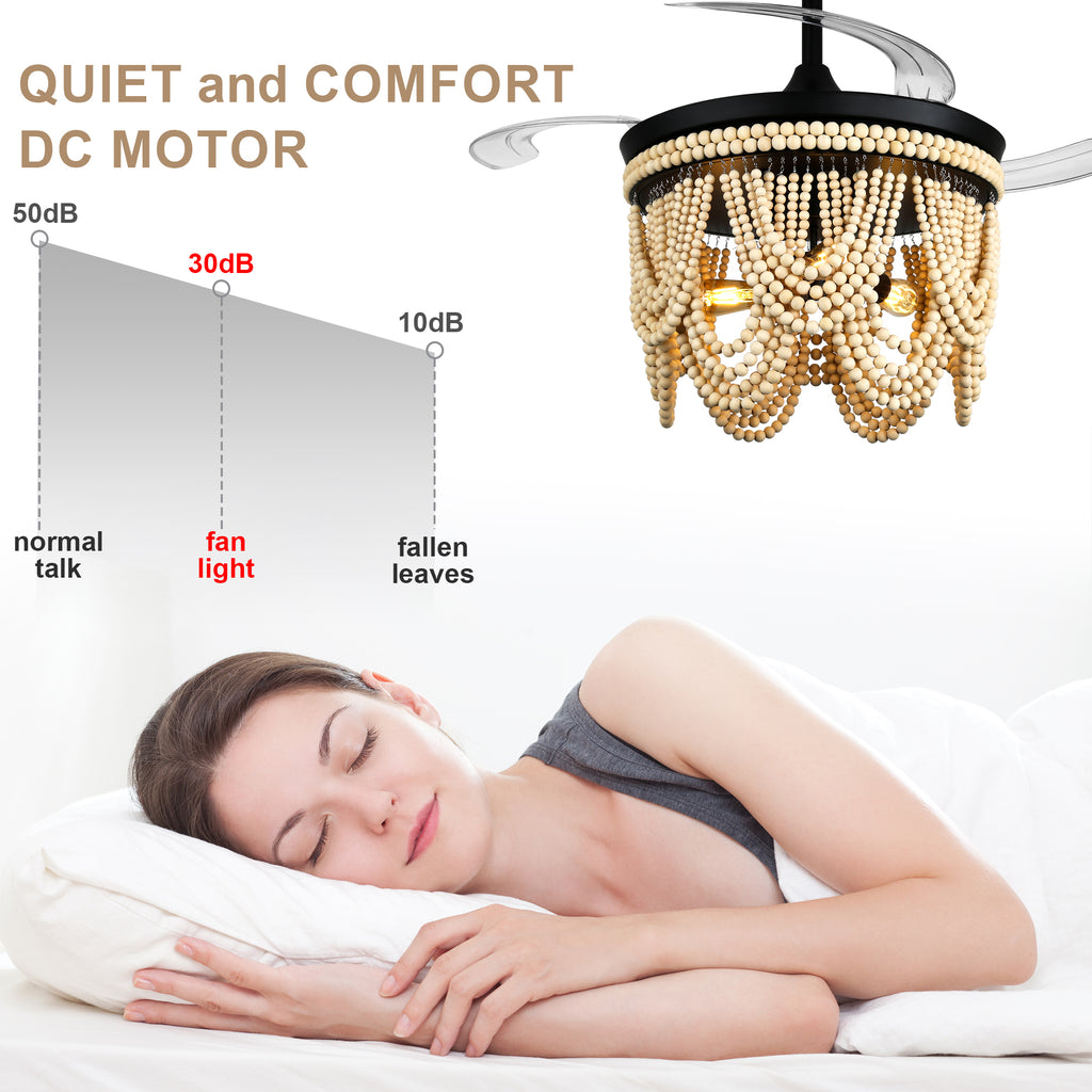 42 Inch Black/Gold/White Boho Retractable Ceiling Fan with Lights and Remote, 6 Speeds DC Motor Bladeless Ceiling Fan with Wood Beaded Shade