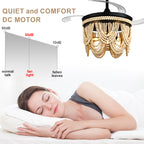 42 Inch Black/Gold/White Boho Retractable Ceiling Fan with Lights and Remote, 6 Speeds DC Motor Bladeless Ceiling Fan with Wood Beaded Shade
