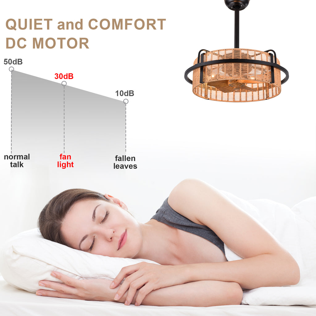 Bohemian 20 Inch Rattan Caged Retractable Ceiling Fan with Light Quiet DC Motor Reversible Down Rod Ceiling Fan with Light Farmhouse Remote Control and Adjustable 6 Speed Ceiling Fan Suit for Bedrooms, Kitchens, Living Rooms