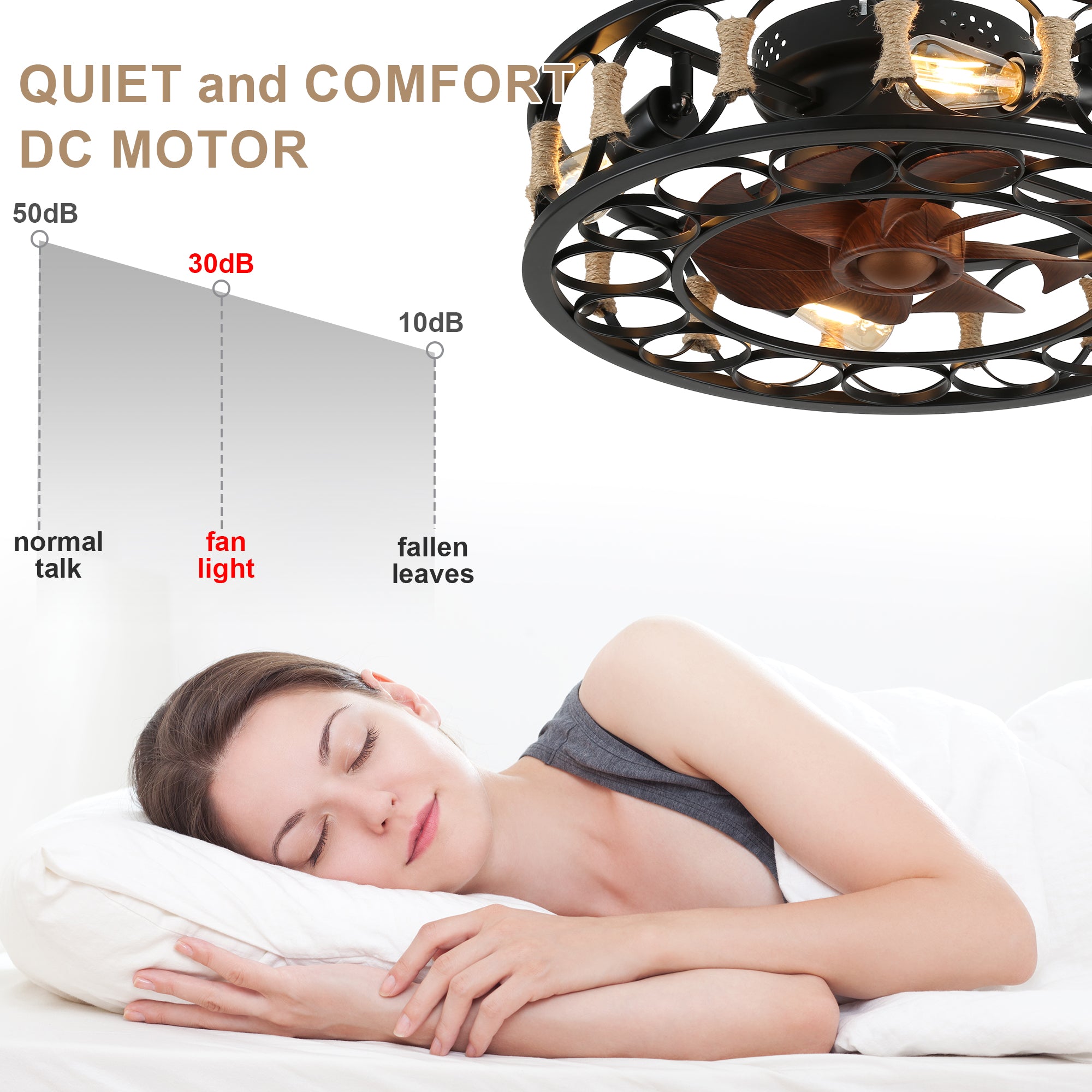 19 Inch Black Farmhouse Flush Mount Ceiling Fan with Lights and Remote, 6 Speeds DC Motor Bladeless Ceiling Fans for Low Profile Ceiling