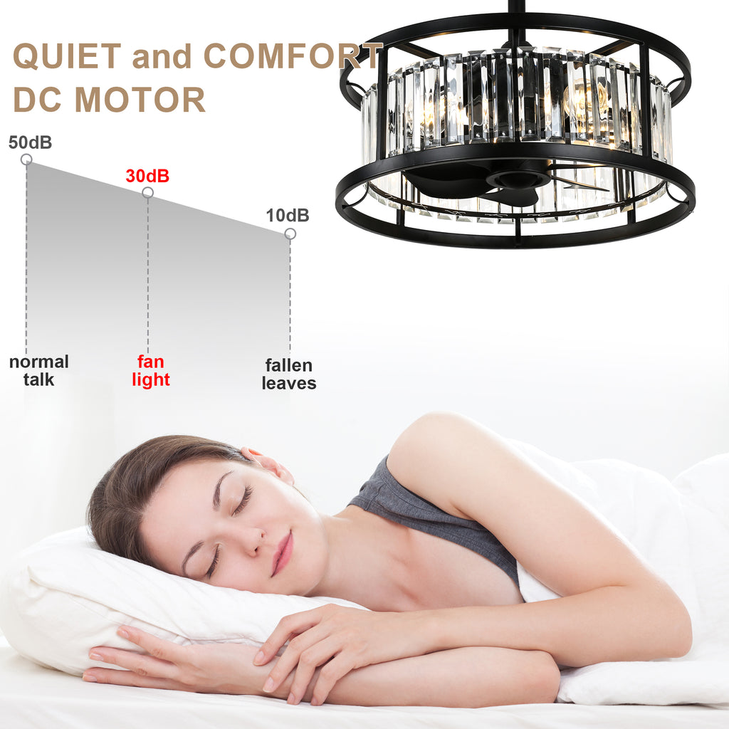 20 Inch Modern Glam Crystal Drum Cage Ceiling Fan with Light and Remote, 6-Speed Reversible DC Motor Bladeless Ceiling Fan with Crystals