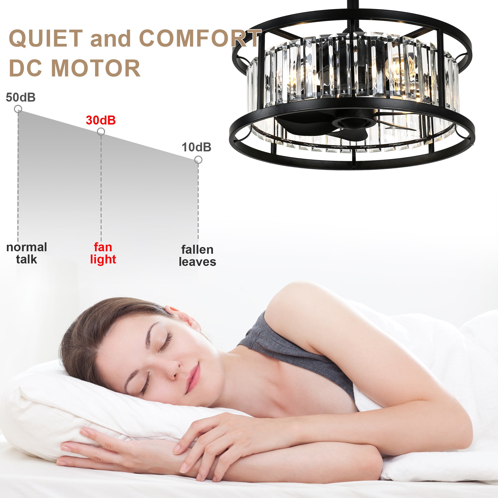 20 Inch Modern Glam Crystal Drum Cage Ceiling Fan with Light and Remote, 6-Speed Reversible DC Motor Bladeless Ceiling Fan with Crystals
