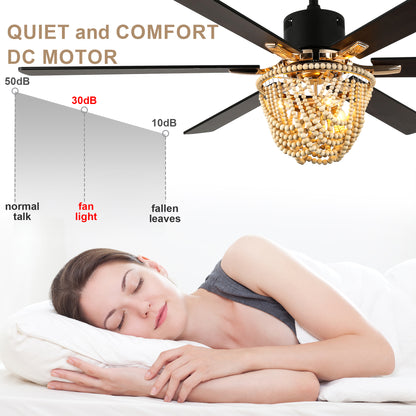 BellaDepot 65" Wood Bead Cottage Large Size Ceiling Fan with Remote Control, Silent Motor 6 Speeds Straight Leaf Fan with 3 Lights - DC6508