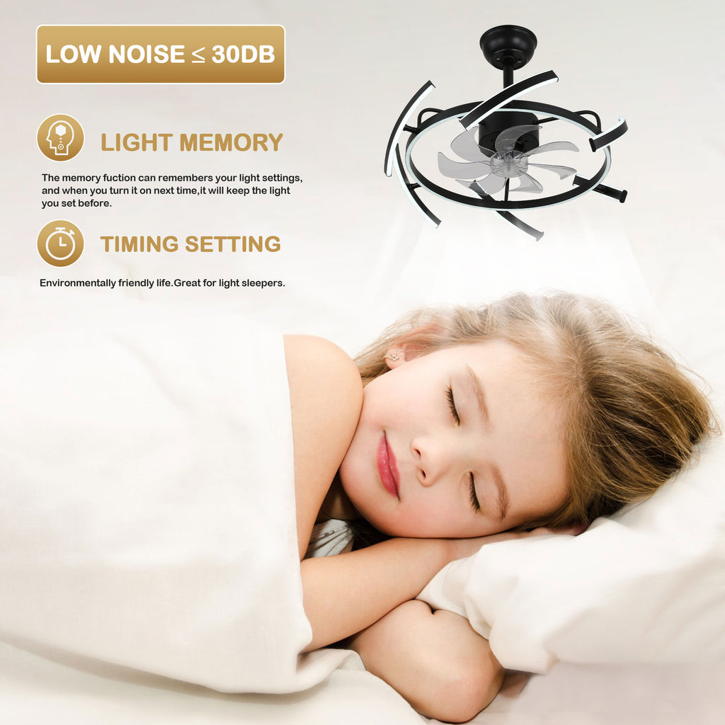 24 Inch Black Modern Smart Ceiling Fan with Dimmable LED Light and Remote, 6 Speeds DC Motor Reversible Bladeless Ceiling Fan with DIY Shape