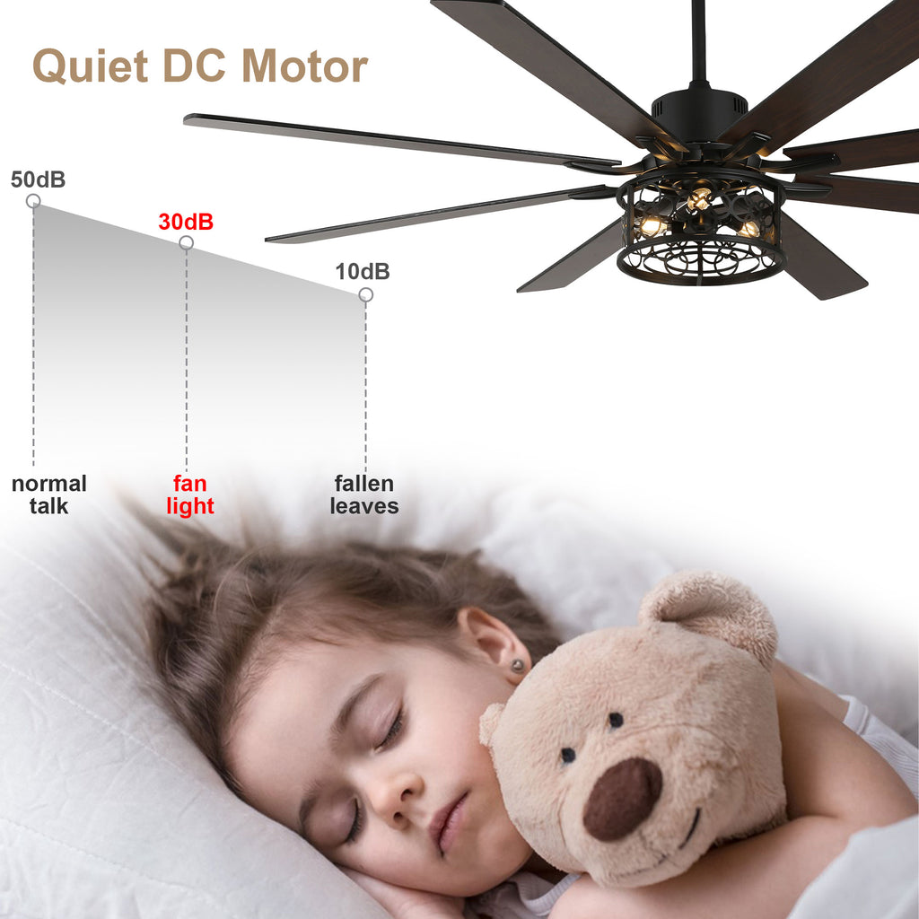 72 Inch 8-Blade Black/White Farmhouse Ceiling Fan with Lights and Remote, 6 Speeds DC Motor Reversible Extra Large Caged Ceiling Fan