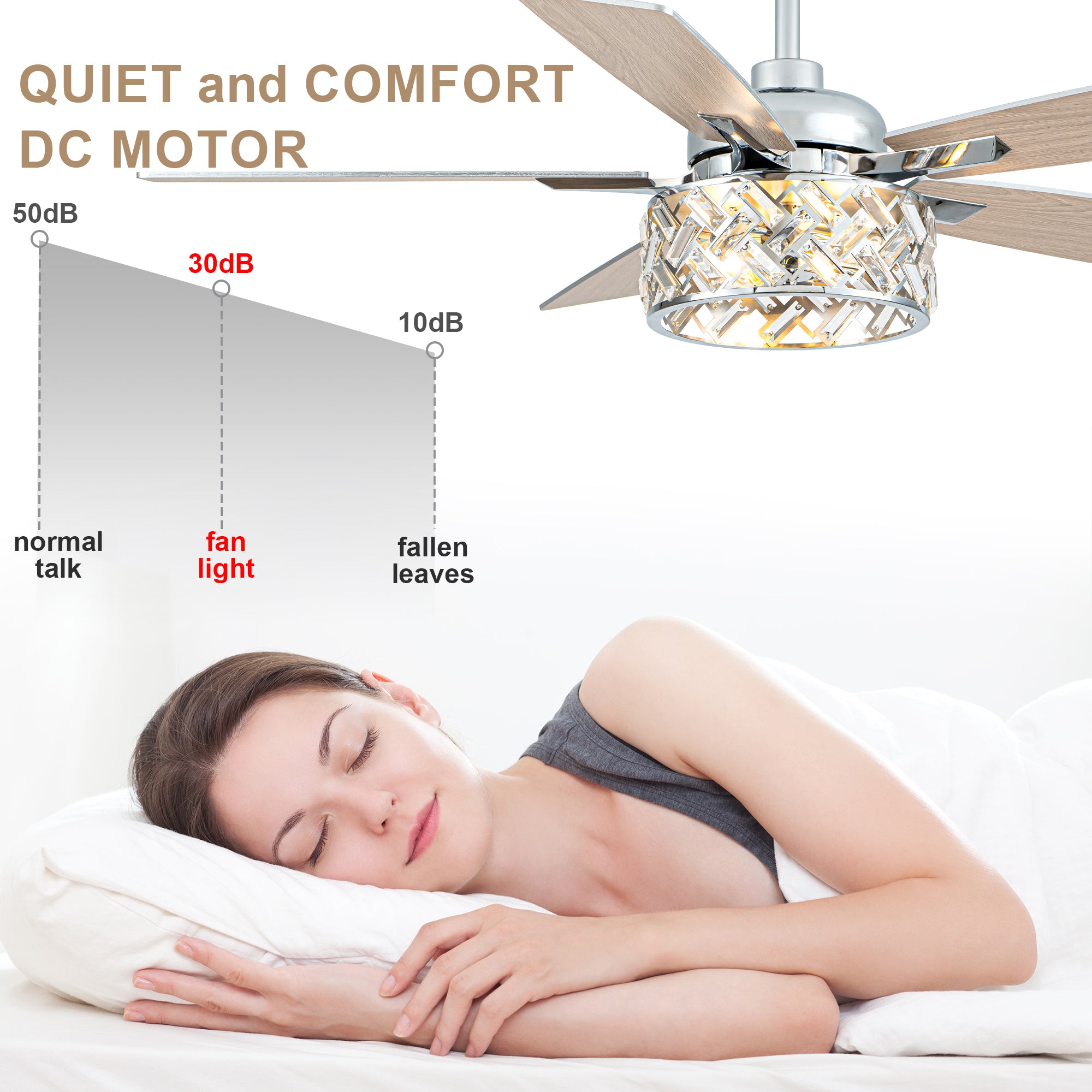 52 Inch Chrome Modern Luxury Crystal Ceiling Fan with Lights and Remote Control, 6 Speeds DC Motor Ceiling Fan