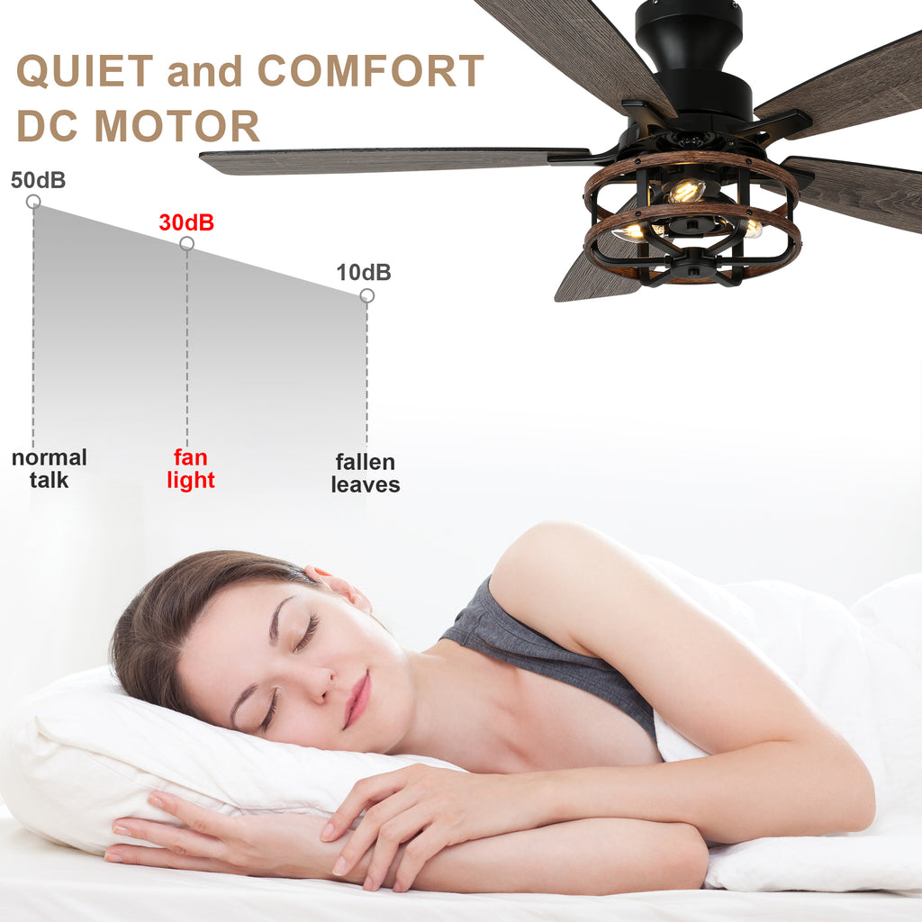 52 Inch Farmhouse Flush Mount Ceiling Fan with Lights and Remote, 6 Speeds DC Motor Reversible Low Profile Ceiling Fan for Living Room