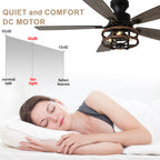 52 Inch Farmhouse Flush Mount Ceiling Fan with Lights and Remote, 6 Speeds DC Motor Reversible Low Profile Ceiling Fan for Living Room