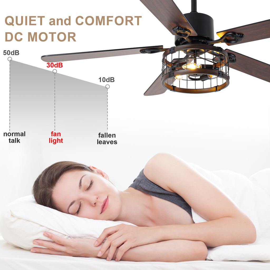 52 Inch Industrial Farmhouse Ceiling Fan with Lights and Remote Control, 6 Speeds Reversible Caged Ceiling Fan for Living Room