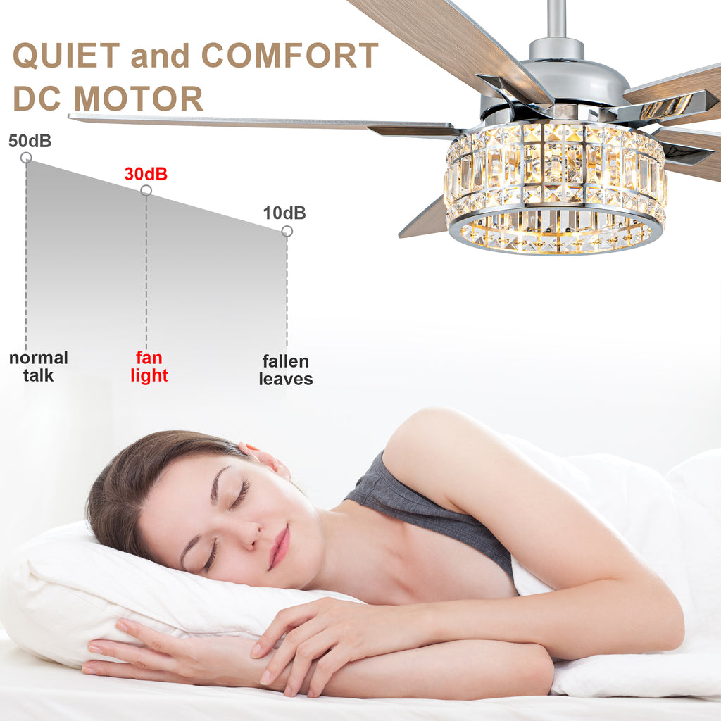 52 Inch Luxury Crystal Caged Chrome Ceiling Fan with Remote, 6-Speed Adjustable, Light Included, Reversible Blades for Living Room & More