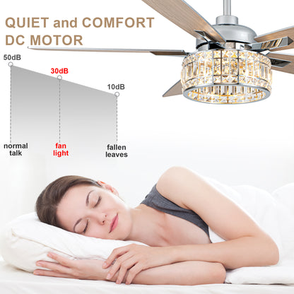 BellaDepot 52" Luxury Crystal Caged Chrome Ceiling Fan with Remote Control, 6 Speeds Ceiling Fan with Lights for Living Room- DC5227-MD