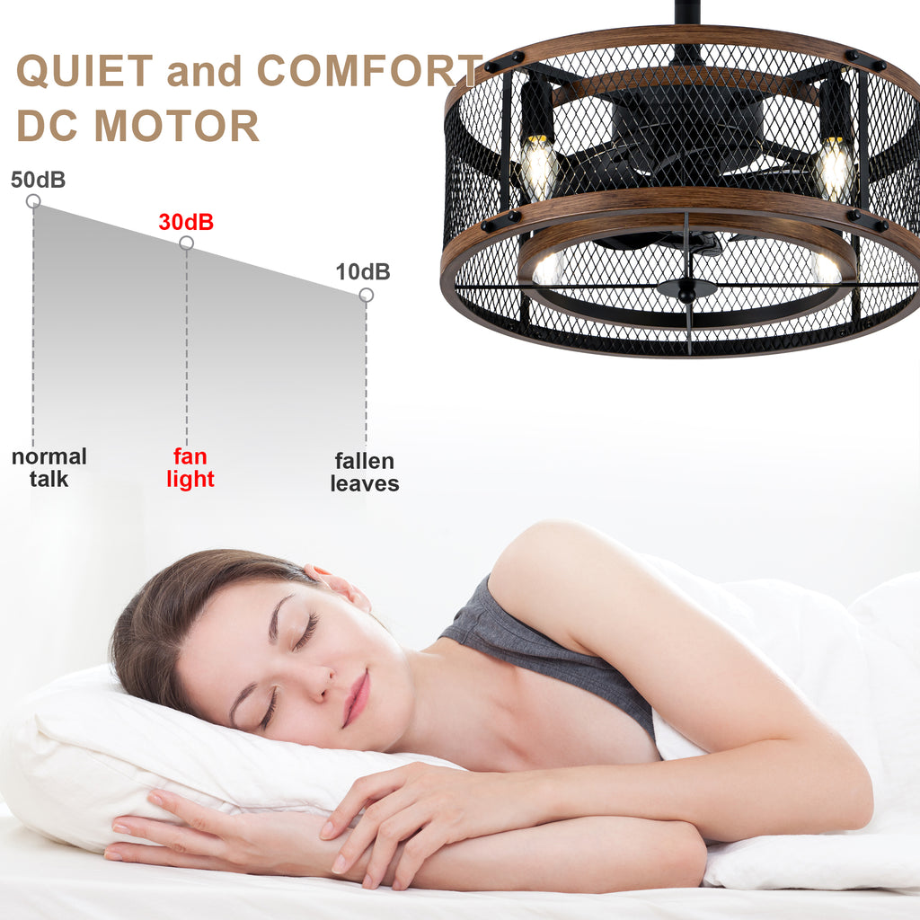 20 Inch Farmhouse Industrial Cage Ceiling Fan with Light and Remote, 6-Speed Reversible DC Motor Fandelier Bladeless Ceiling Fan