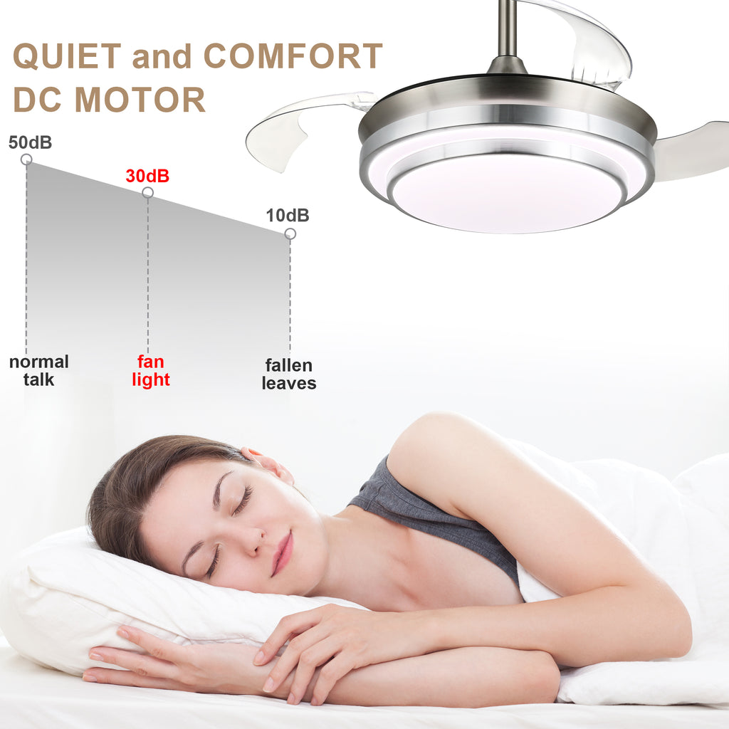 36 Inch Chrome Modern Retractable Ceiling Fan with LED Light and Remote, 6 Speeds DC Motor Bladeless Fandelier Ceiling Fan