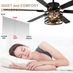 65 Inch Black Caged Large Ceiling Fan with Lights and Remote Control, 6 Speeds DC Motor Farmhouse Ceiling Fan for Large Rooms