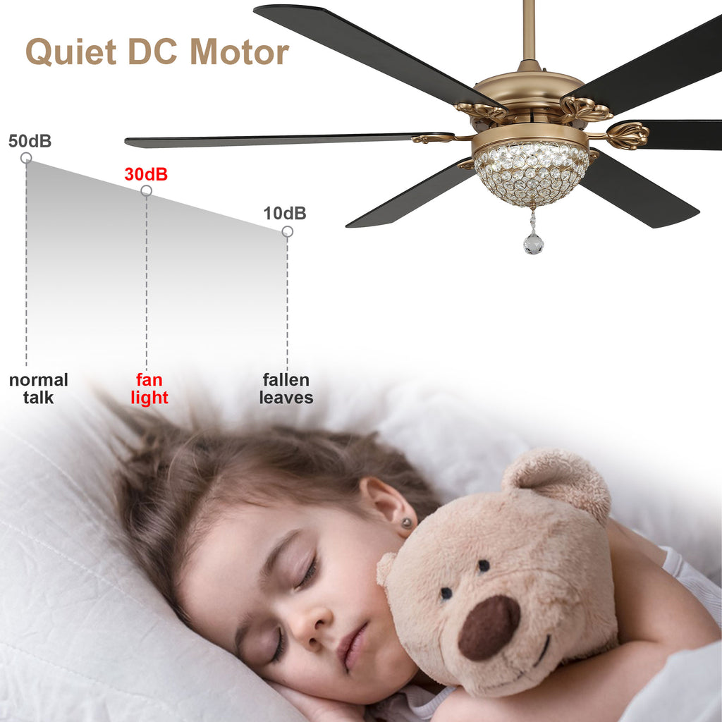 65 Inch Black/Chrome Modern Glam Crystal Ceiling Fan with Dimmable LED Light and Remote, 6 Speeds DC Motor Ceiling Fan with Crystals