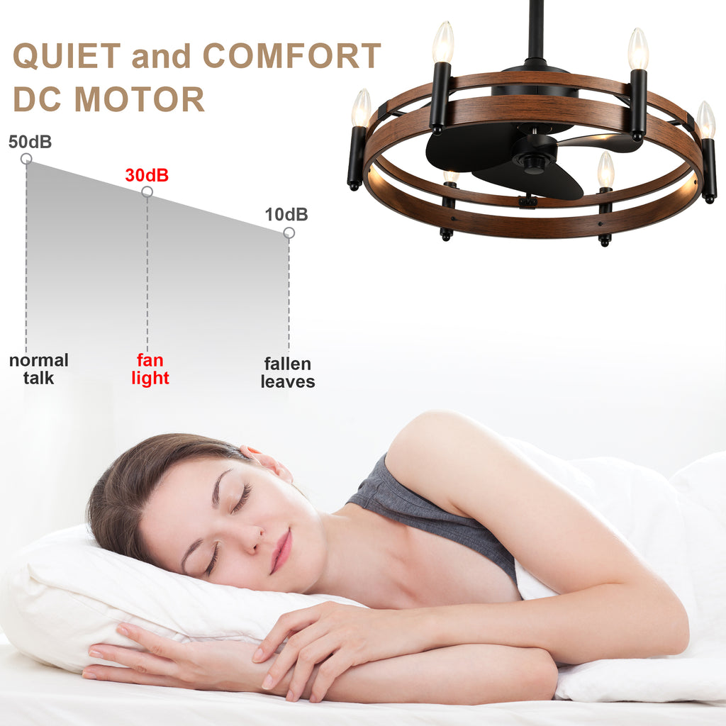 24 Inch Black Farmhouse Wagon Wheel Ceiling Fan with Lights and Remote, 6 Speeds DC Motor Reversible Bladeless Fandelier Ceiling Fan