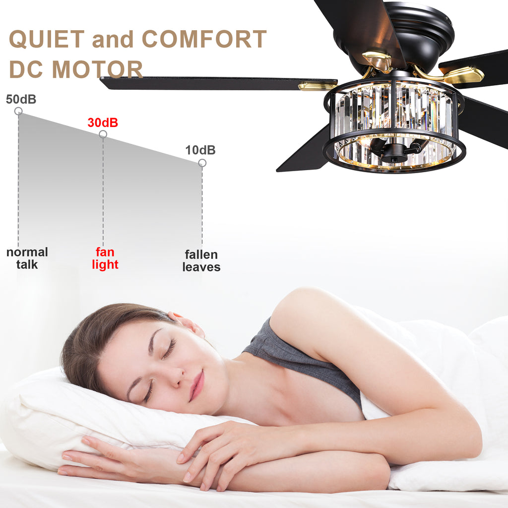 52 Inch Modern Glam Crystal Flush Mount Ceiling Fan with Lights and Remote, 6 Speeds DC Motor Reversible Low Profile Ceiling Fan