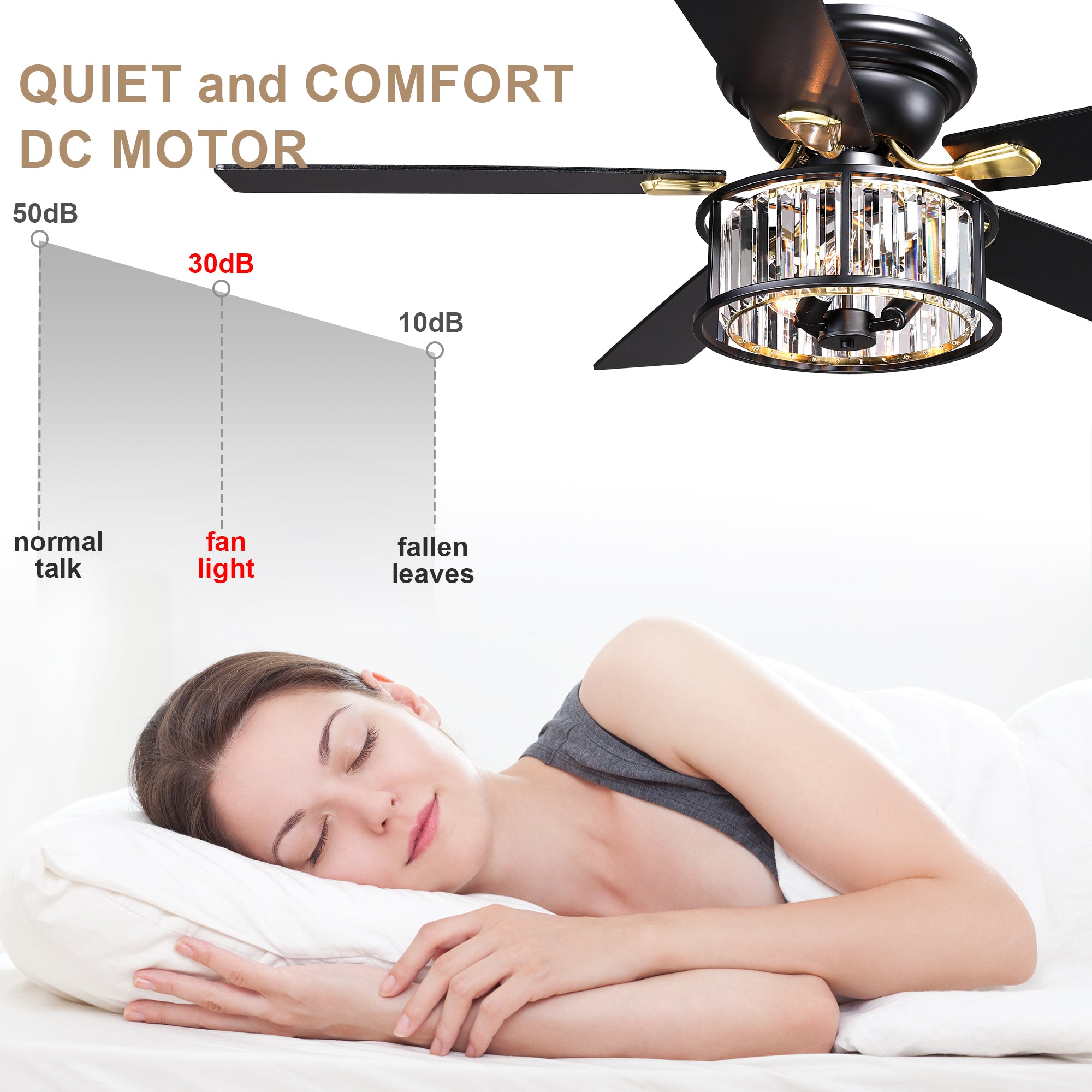 52 Inch Modern Glam Crystal Flush Mount Ceiling Fan with Lights and Remote, 6 Speeds DC Motor Reversible Low Profile Ceiling Fan