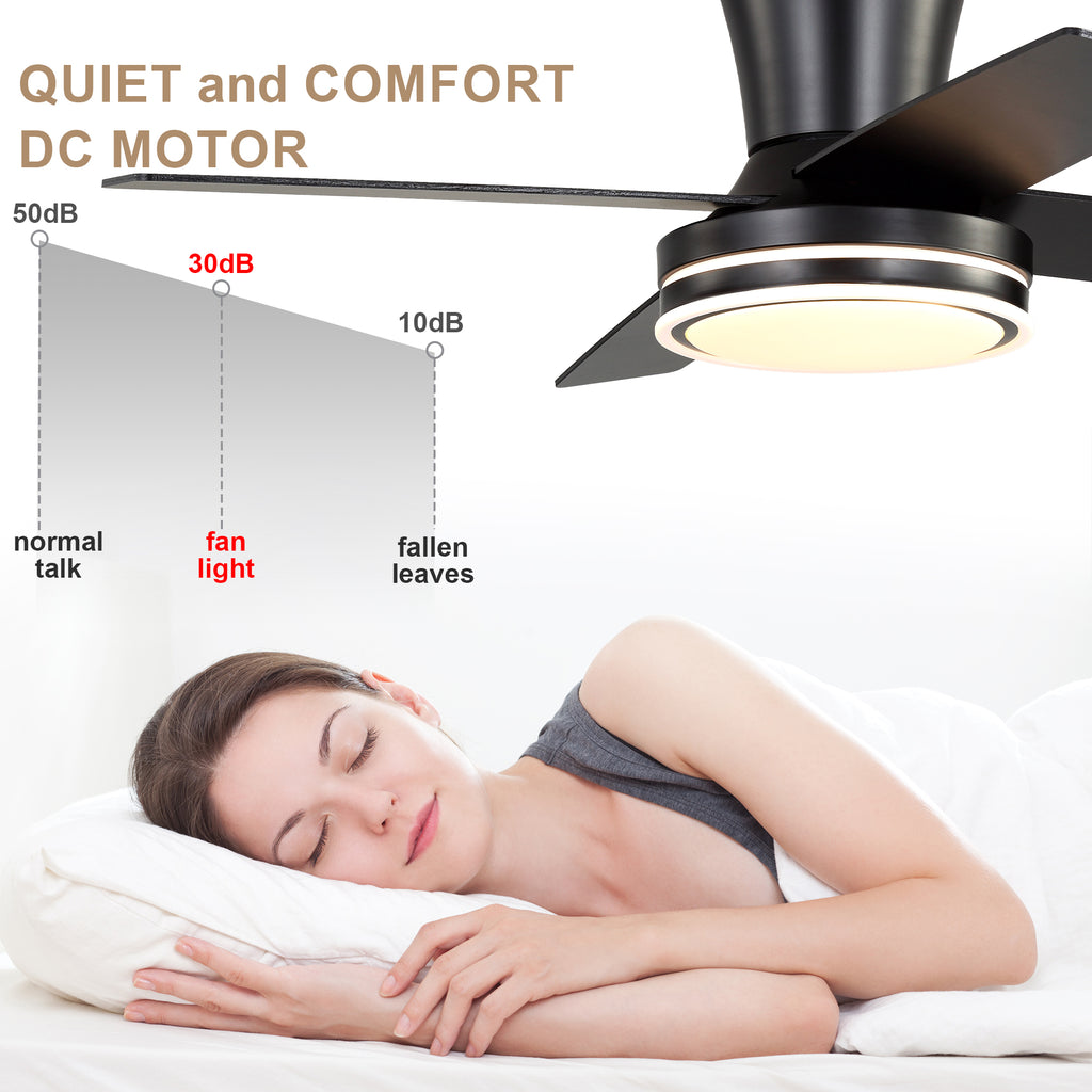 44 Inch Black/Chrome Modern Flush Mount Ceiling Fan with Dimmable LED Lights and Remote, 6 Speeds DC Motor Low Profile Ceiling Fan
