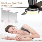 44 Inch Black/Chrome Modern Flush Mount Ceiling Fan with Dimmable LED Lights and Remote, 6 Speeds DC Motor Low Profile Ceiling Fan
