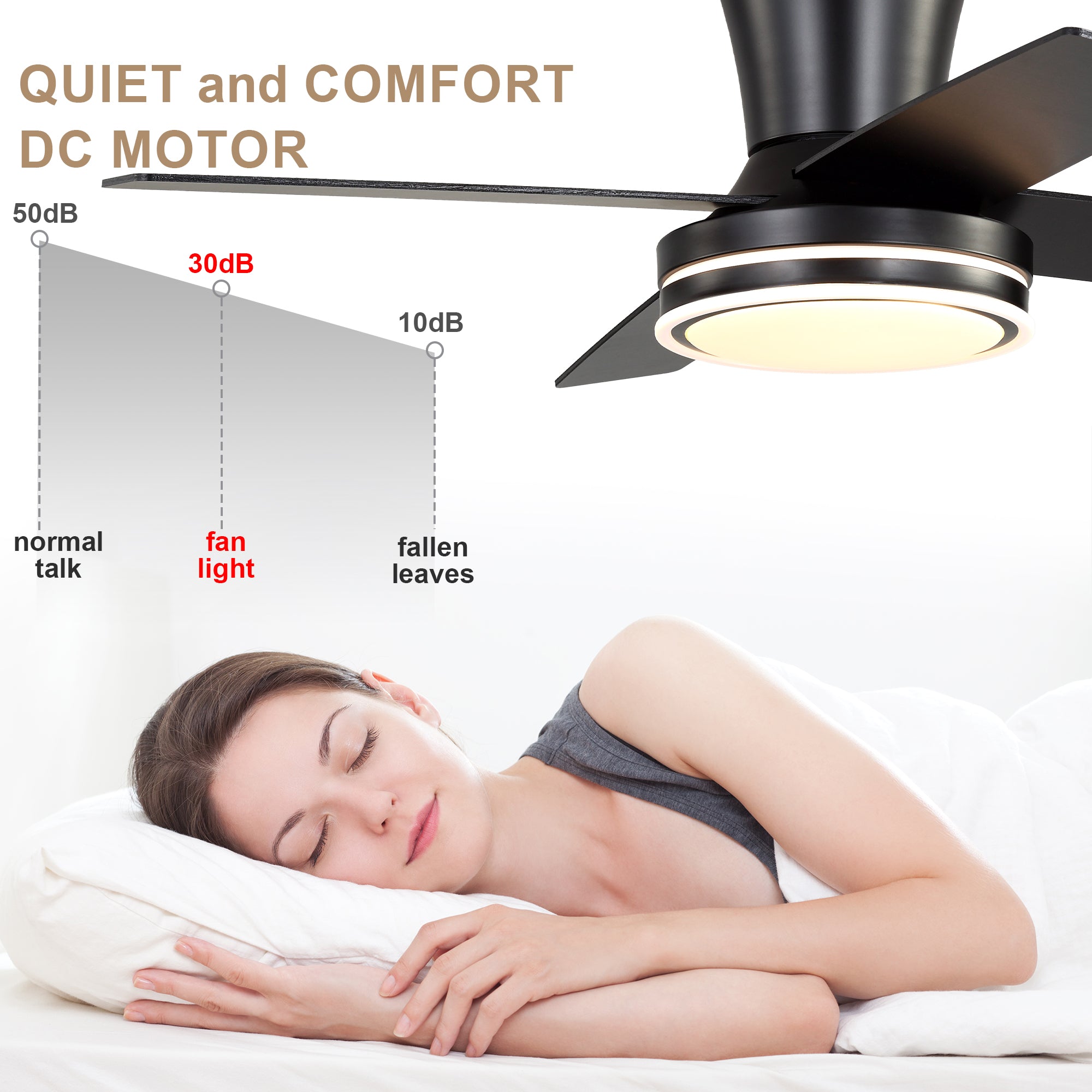 44 Inch Black/Chrome Modern Flush Mount Ceiling Fan with Dimmable LED Lights and Remote, 6 Speeds DC Motor Low Profile Ceiling Fan
