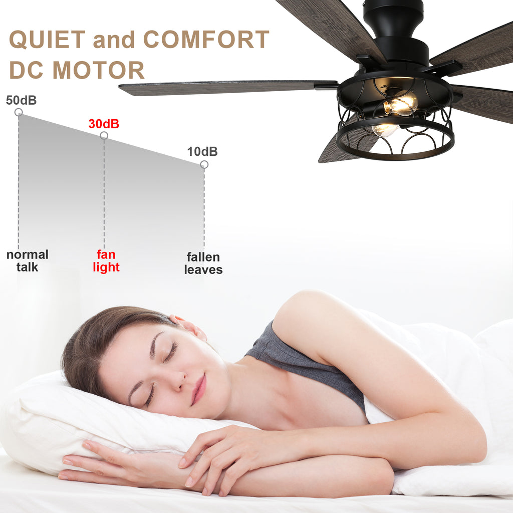 52 Inch Black Farmhouse Industrial Flush Mount Ceiling Fan with Lights and Remote, 6 Speeds DC Motor Reversible Low Profile Ceiling Fan