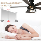 52 Inch Black Farmhouse Industrial Flush Mount Ceiling Fan with Lights and Remote, 6 Speeds DC Motor Reversible Low Profile Ceiling Fan
