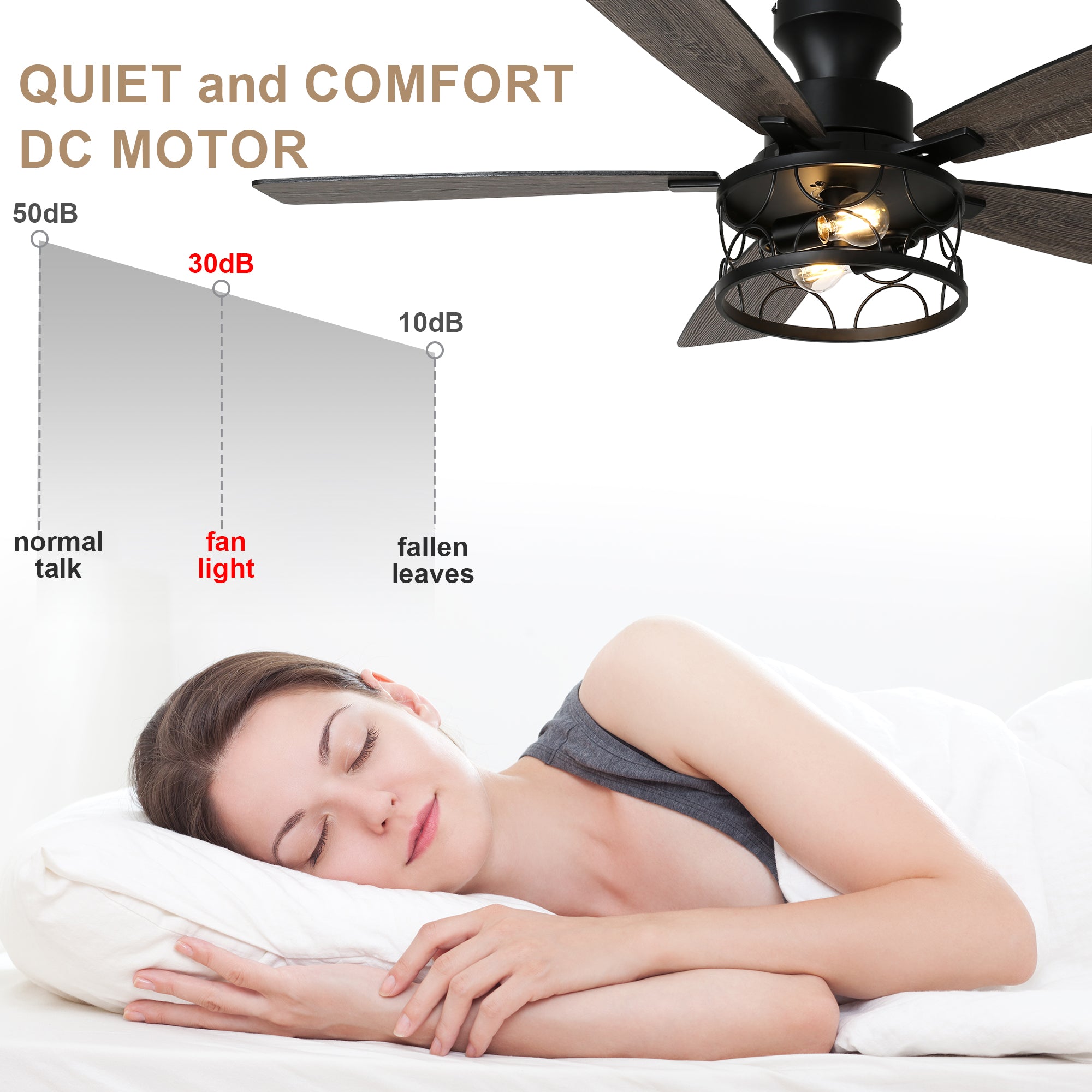 52 Inch Black Farmhouse Industrial Flush Mount Ceiling Fan with Lights and Remote, 6 Speeds DC Motor Reversible Low Profile Ceiling Fan