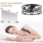 Industrial 20 Inch Caged Flush Mount Ceiling Fan with Light Quiet Reversible DC Motor with Remote Control Small Ceiling Fan Modern 7 Blades Ceiling Fan with Light Suit for Bedroom，Kitchen