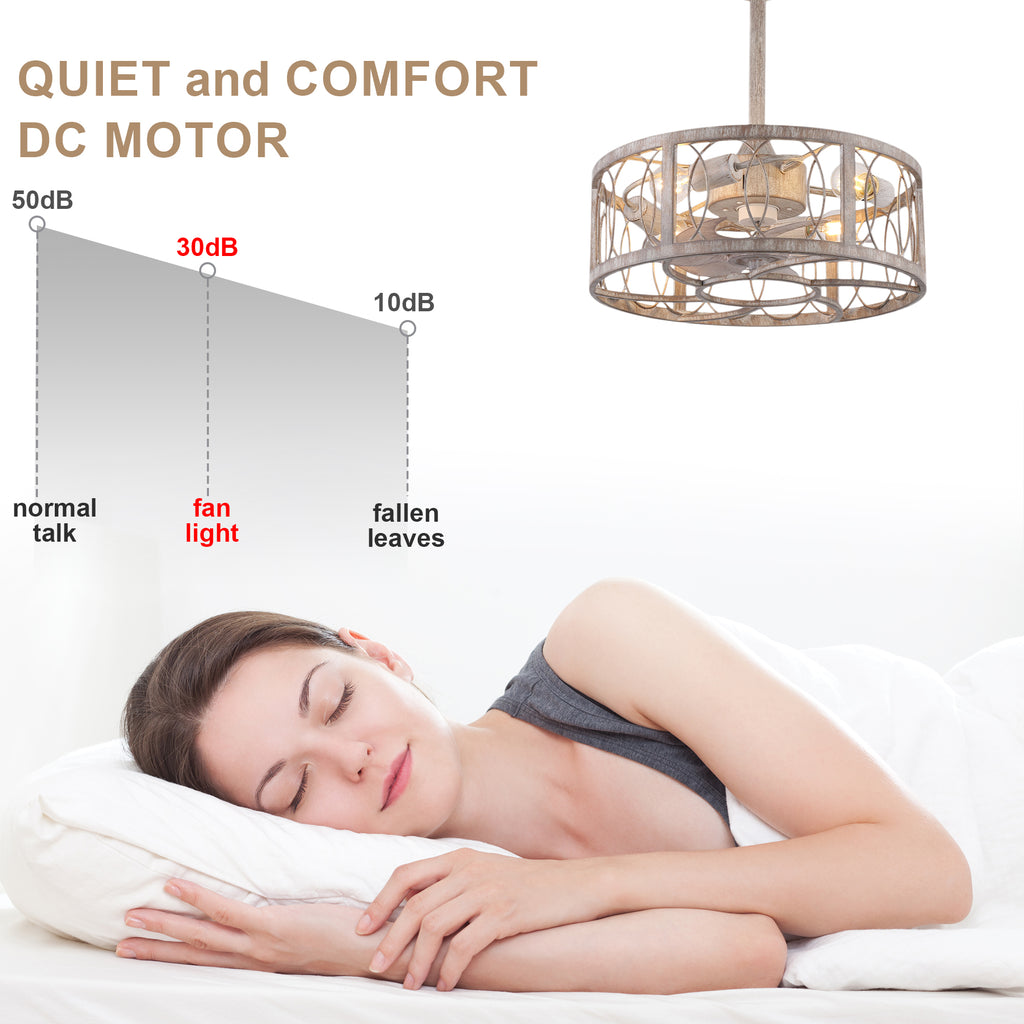 Industrial 20 Inch Distressed White Caged Ceiling Fan with Light Quiet DC Motor with Remote Control Ceiling Fan Small Farmhouse Ceiling Fan with Light Suit for Bedroom, Kitchen,Living Room