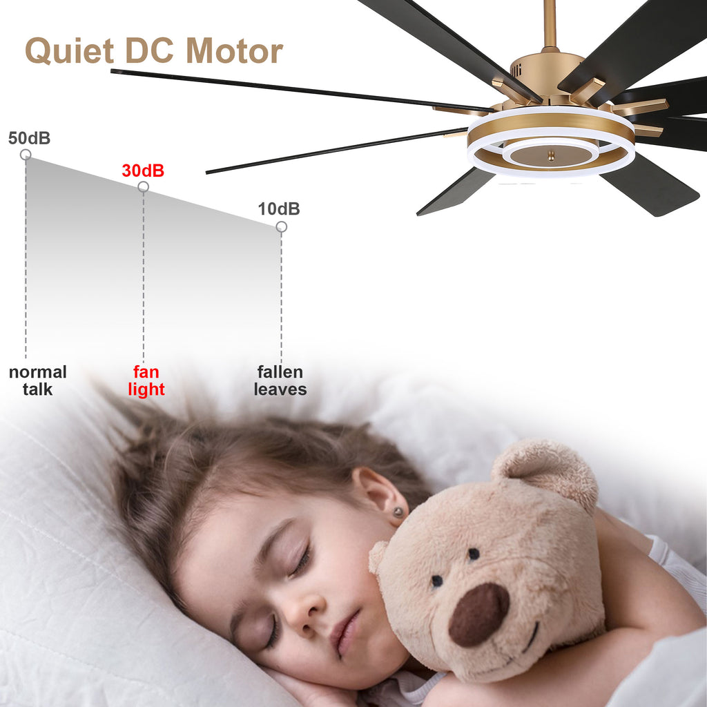 72 Inch Black/Gold/Chrome 8-Blade Modern Extra Large Ceiling Fan with LED Light and Remote, 6 Speeds DC Motor Reversible Ceiling Fan