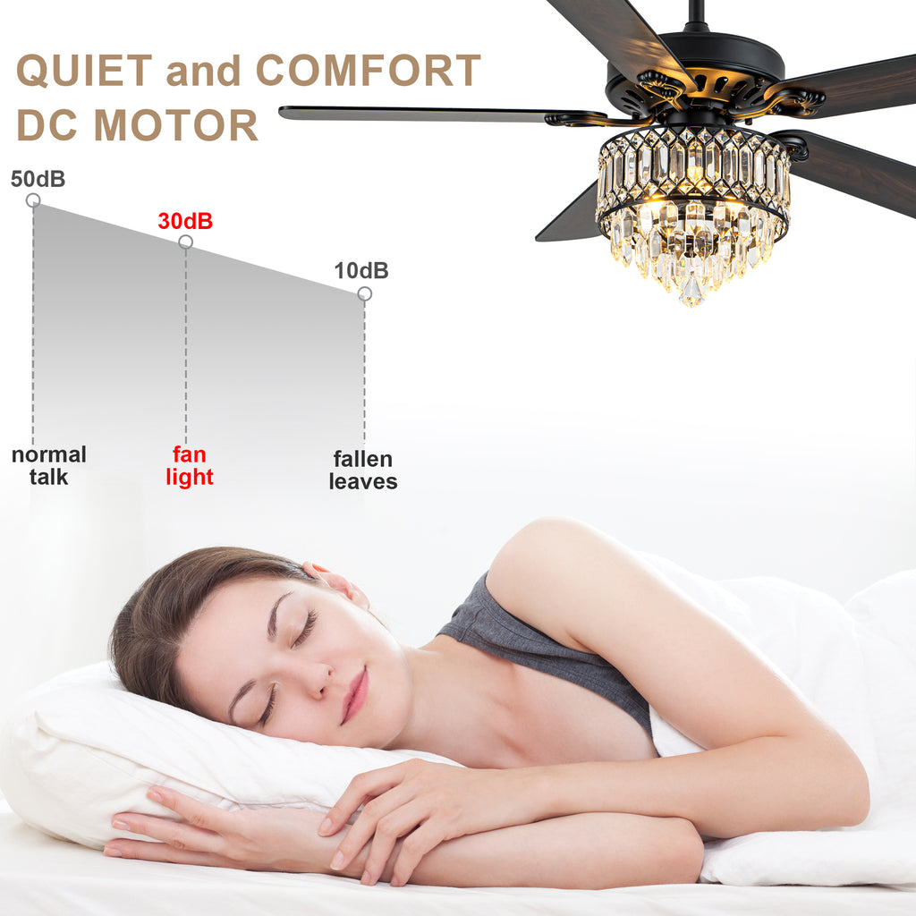 52 Inch Modern Luxury Crystal Ceiling Fan with Light and Remote Control, 6 Speeds DC Motor Chandelier Ceiling Fan for Living Room