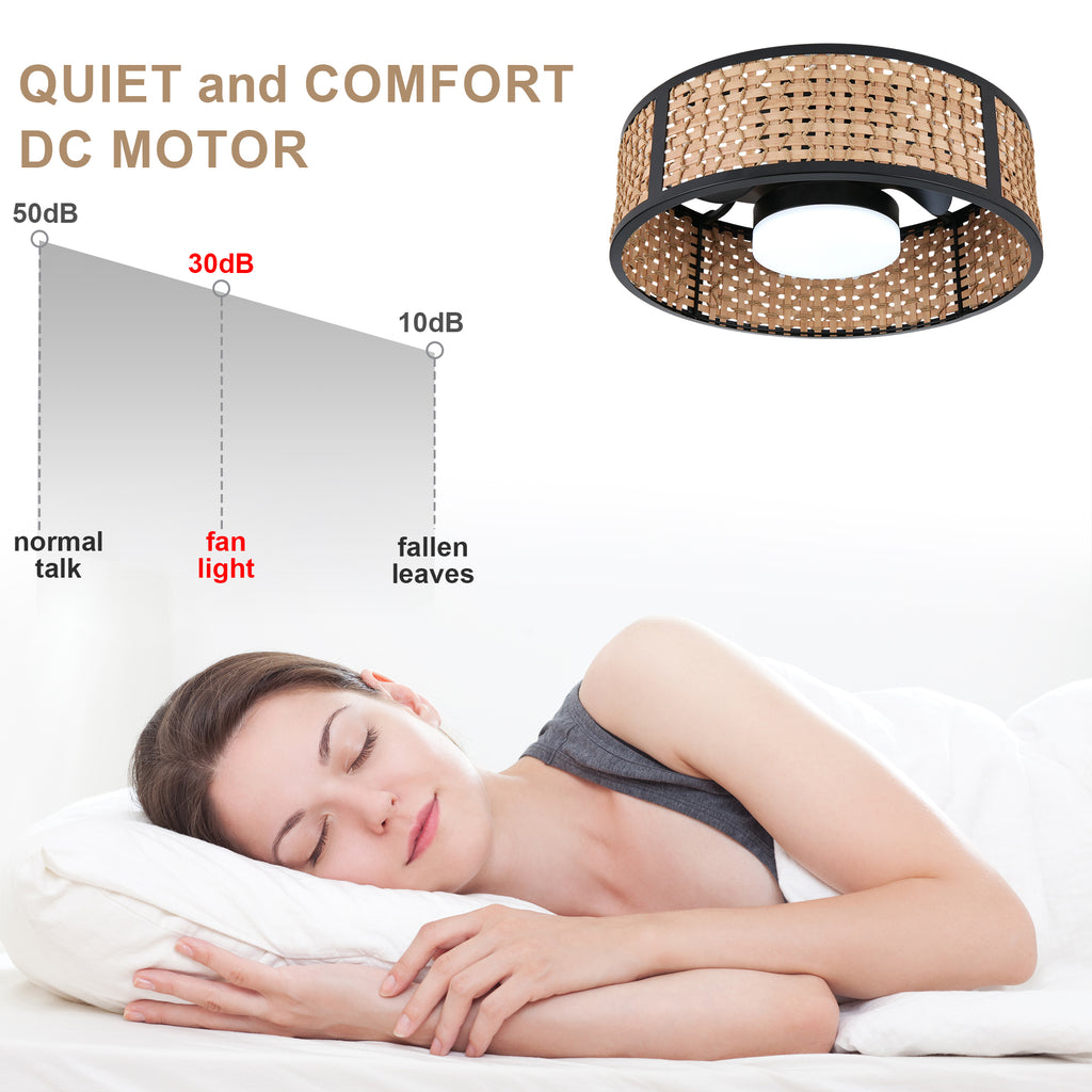 Bohemian 20 Inch Flush Mount Ceiling Fan with Light Caged Bamboo and Paper Rope Woven Shade Ceiling Fan with Ligth Dimmable LED and Reversible DC Motor Ceiling Fan Suit for Bedroom, Kitchen