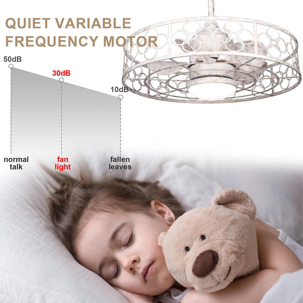 24 Inch Distressed White Outdoor Caged Ceiling Fan with LED Lights and Remote, 6 Speeds DC Motor Farmhouse Fandelier  Waterproof Ceiling Fan