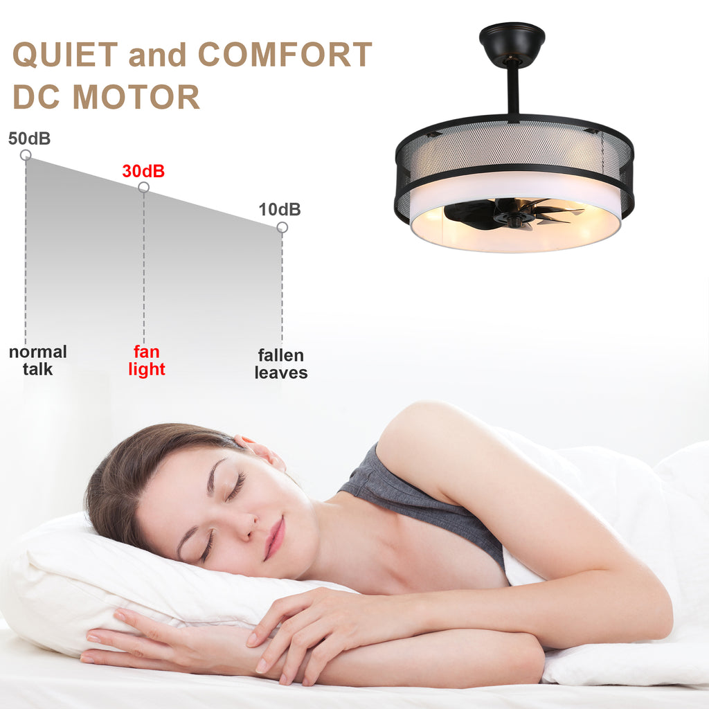 Modern Industrial 20 Inch Fabric with Metal Ceiling Fan with Light Adjustable Down Rods Reversible DC Motor 6 Speed Remote Control Ceiling Fan Timmer Quiet Ceiling Fan with Light Suit for Bedroom, Study, Kitchen