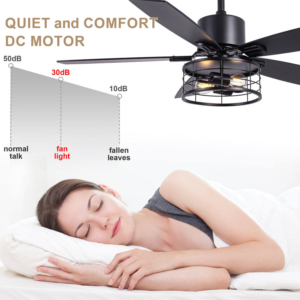 46 Inch 5-Blade Black Industrial Ceiling Fan with Lights and Remote Control, 6 Speeds DC Motor Caged Ceiling Fan for Living Room