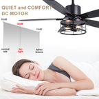 46 Inch 5-Blade Black Industrial Ceiling Fan with Lights and Remote Control, 6 Speeds DC Motor Caged Ceiling Fan for Living Room