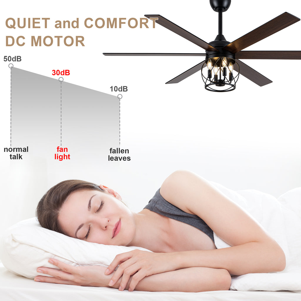 Industrial 60 Inch Caged Ceiling Fan with Light 6 Wood Blades Reversible Quiet DC Motor Ceiling Fan 3 Downrods with Remote Control Ceiling Fan Suit for Living Room, Bedroom