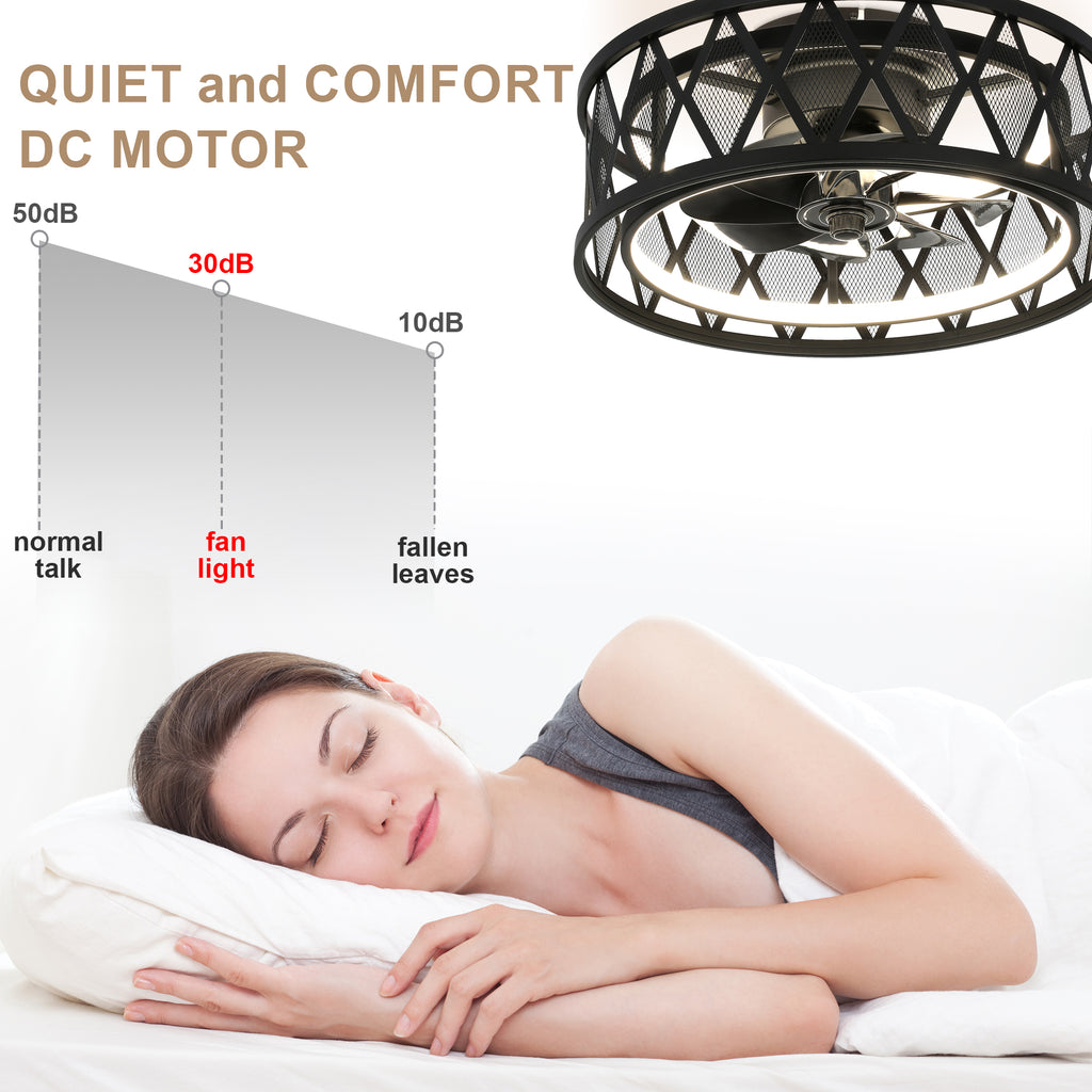 19 Inch Black Industrial Flush Mount Ceiling Fan with Dimmable LED Light, 6 Speed Reversible DC Motor, Low Profile Bladeless Ceiling Fan with Remote and APP Control