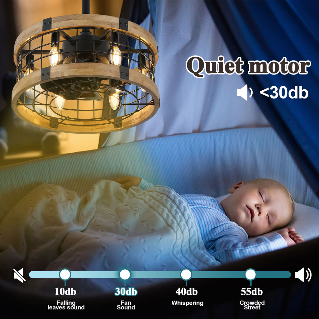 BD1812-BellaDepot 17.7" Cottage Metal Caged Reversible Ceiling Fan with Remote and 6 Lights, Wooden Ceiling Fan