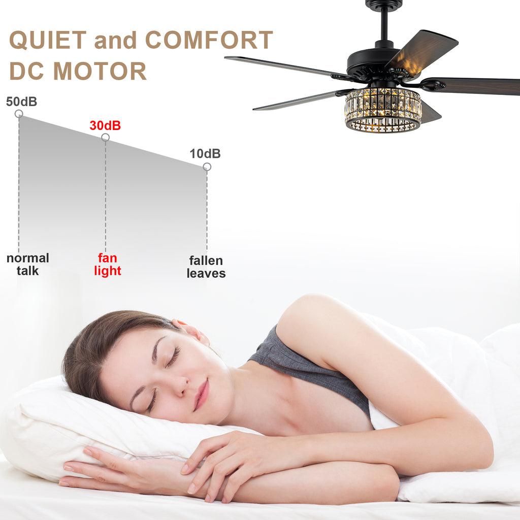 Luxury 52 Inch Crystal Caged Ceiling Fan with Light Reversible Wood Blades Quiet DC Motor Ceiling Fan Remote Control Timing Ceiling Fan Suit for Living Room, Kitchen, Bedroom