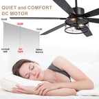 65 Inch Black Modern Industrial Ceiling Fan with Lights and Remote Control,6 Speeds Reversible Ceiling Fan for Large Rooms
