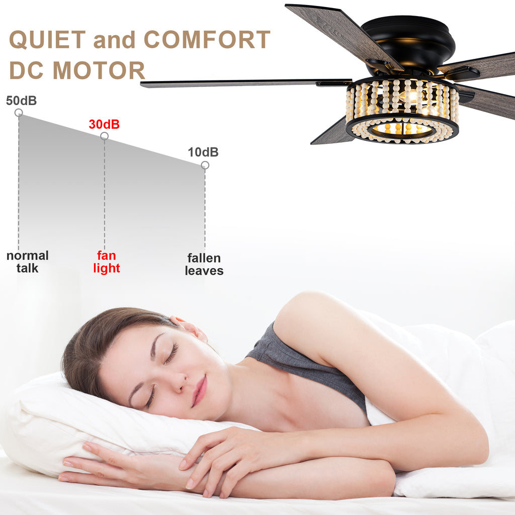 Bohemian 52 Inch Flush Mount Ceiling Fan with Light Quiet DC Motor Reversible 5 Fan Blades Farmhouse Ceiling Fan with Light Remote Control 6 Adjustable Speed Ceiling Fan Suit for Bedrooms, Kitchens, Living Rooms