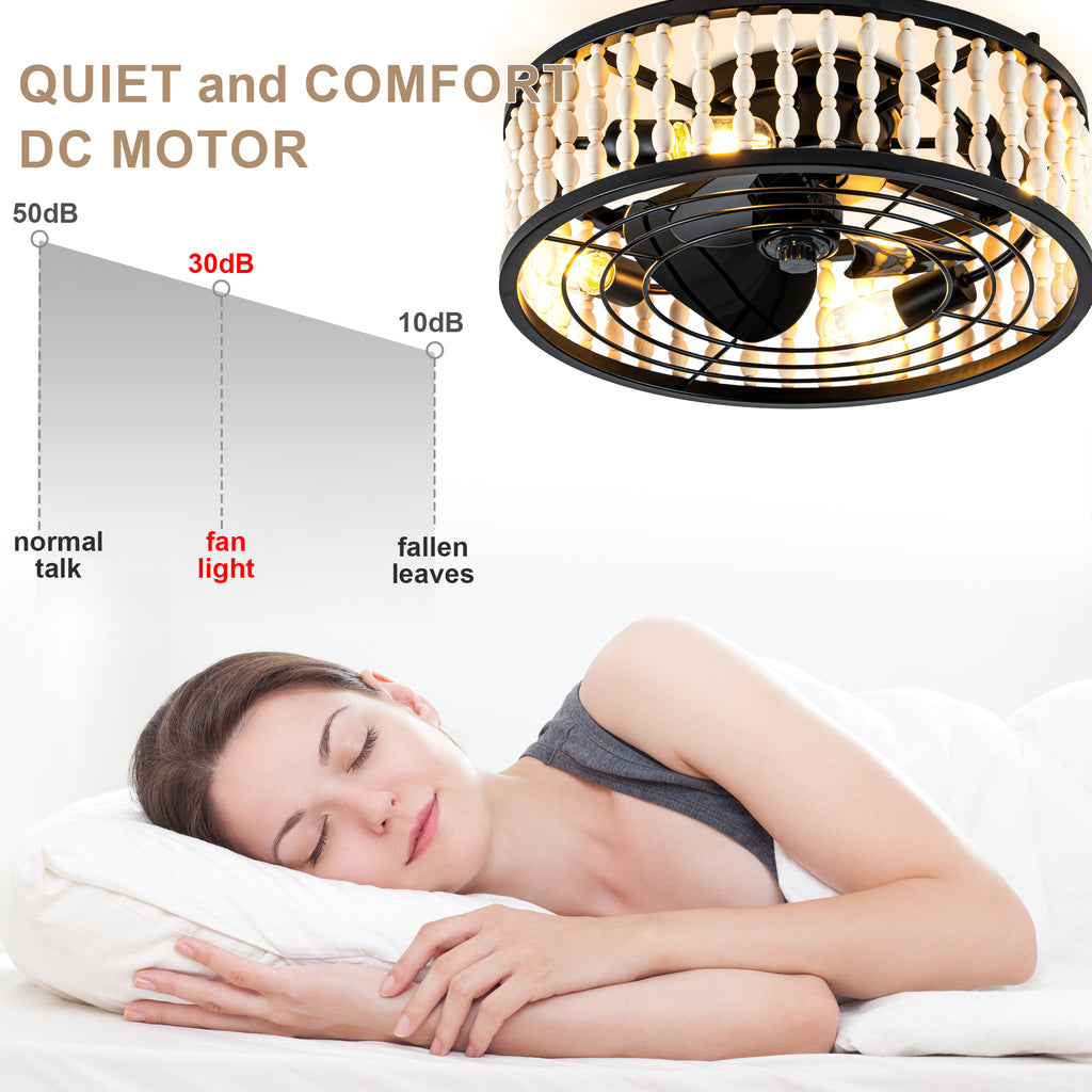 19 Inch Black Farmhouse Flush Mount Ceiling Fan with Lights and Remote Control, 6 Speeds DC Motor Bladeless Ceiling Fan for Bedroom
