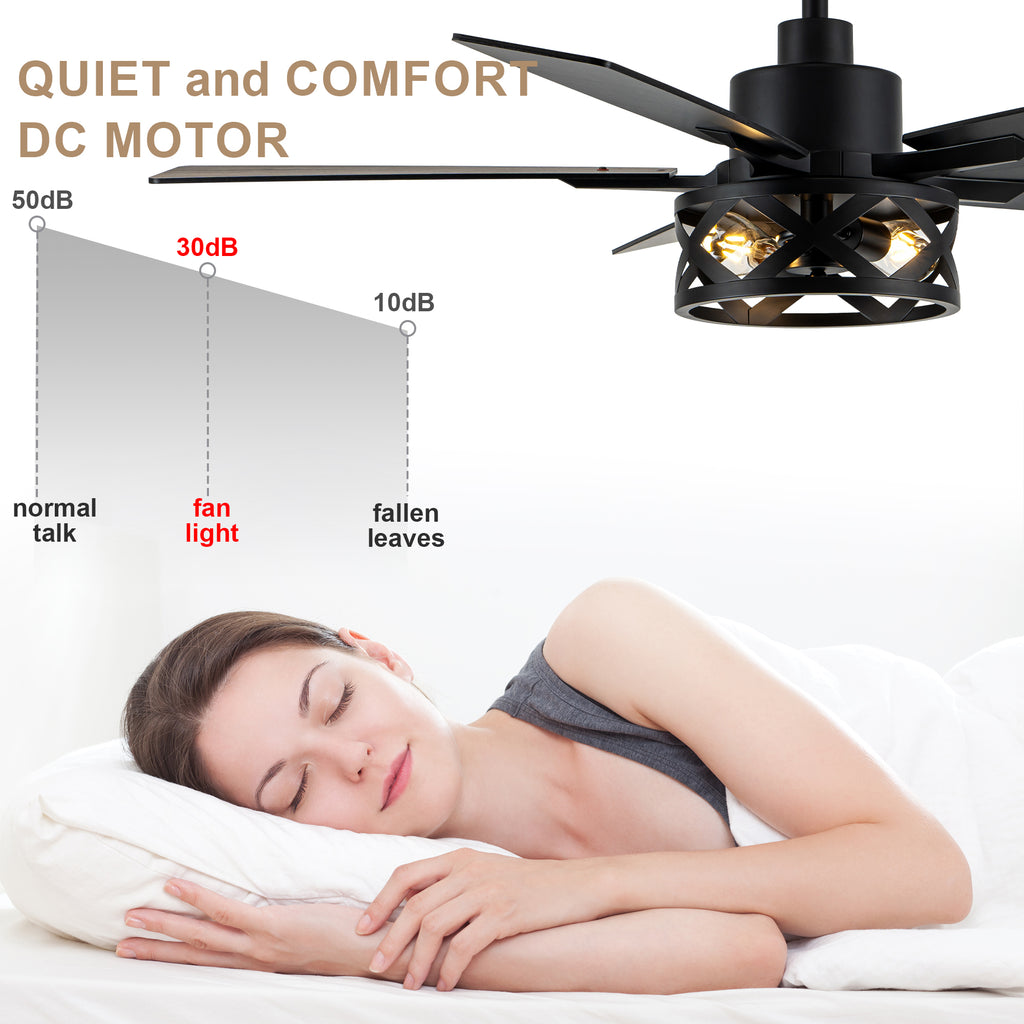 52 Inch Industrial Wood Grain Caged Ceiling Fan with Remote and Reversible Blades, 6-Speed Ceiling Fan with Lights