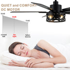 52 Inch Industrial Wood Grain Caged Ceiling Fan with Remote and Reversible Blades, 6-Speed Ceiling Fan with Lights