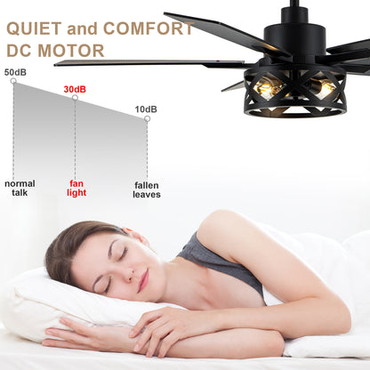 MD-FS8962XL-BellaDepot 52" Industrial Wood Grain Caged Ceiling Fan with Remote and Reversible Blades, Large Size 6-speed Ceiling Fan with Lights