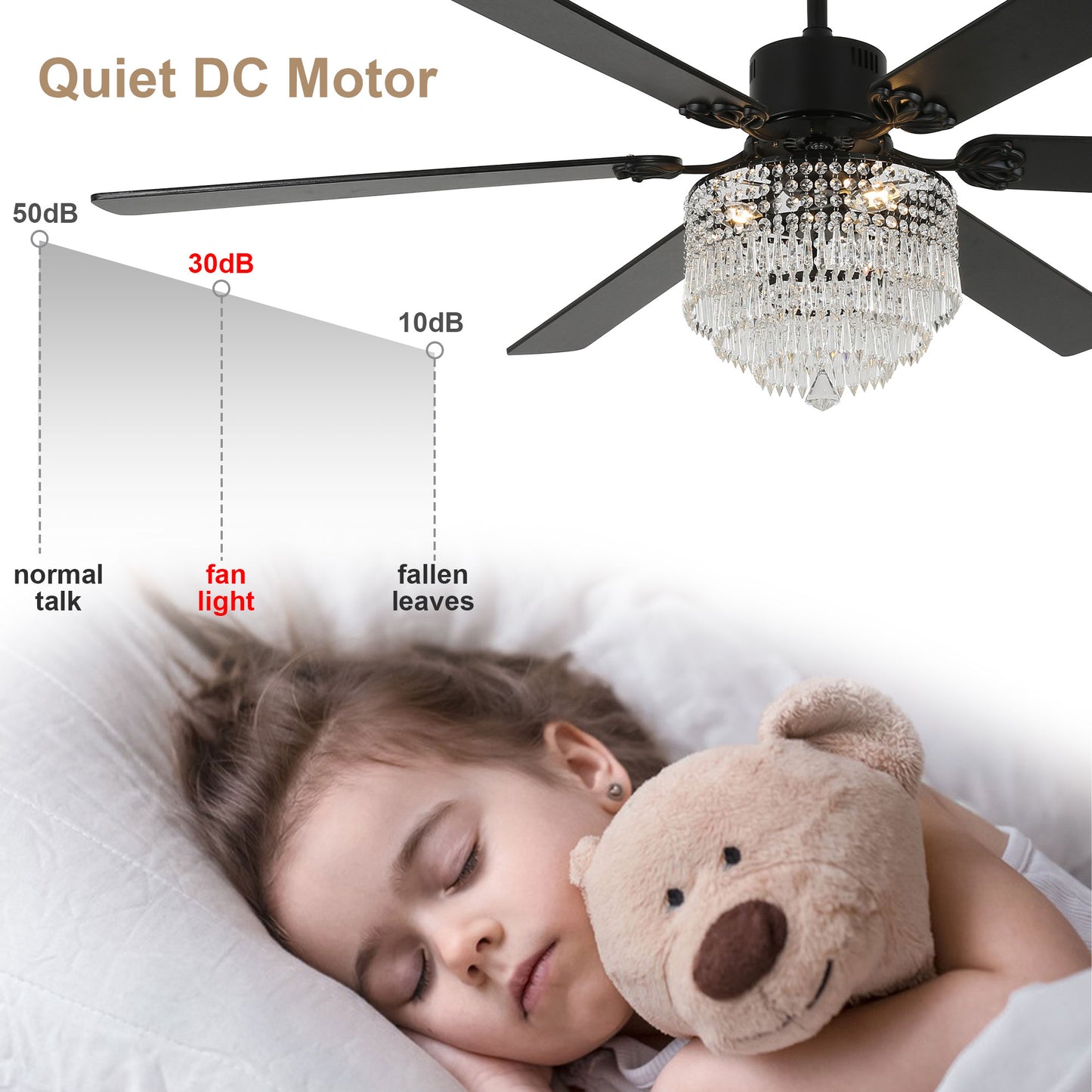 DC6502-B-65" Black Metal Crystal Wooden Reversible Ceiling Fan, with Remote and 3 Lights, DC Motor, 6 Speeds