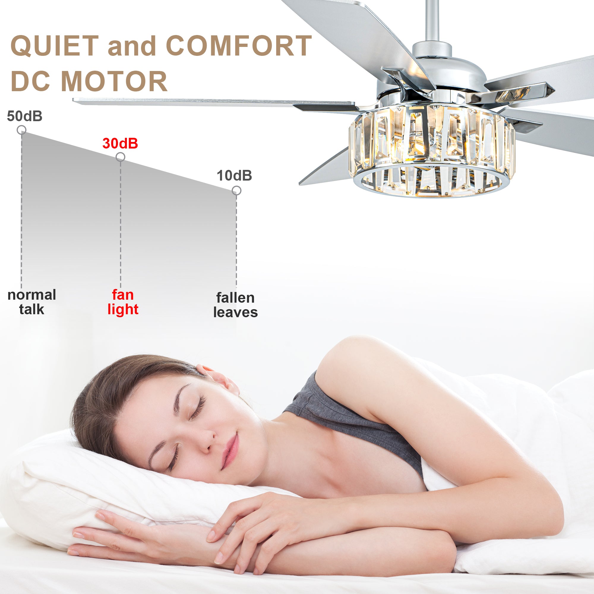 52 Inch Chrome Contemporary Glam Ceiling Fan with Lights and Remote Control, 6 Speeds Reversible Ceiling Fan with Crystals