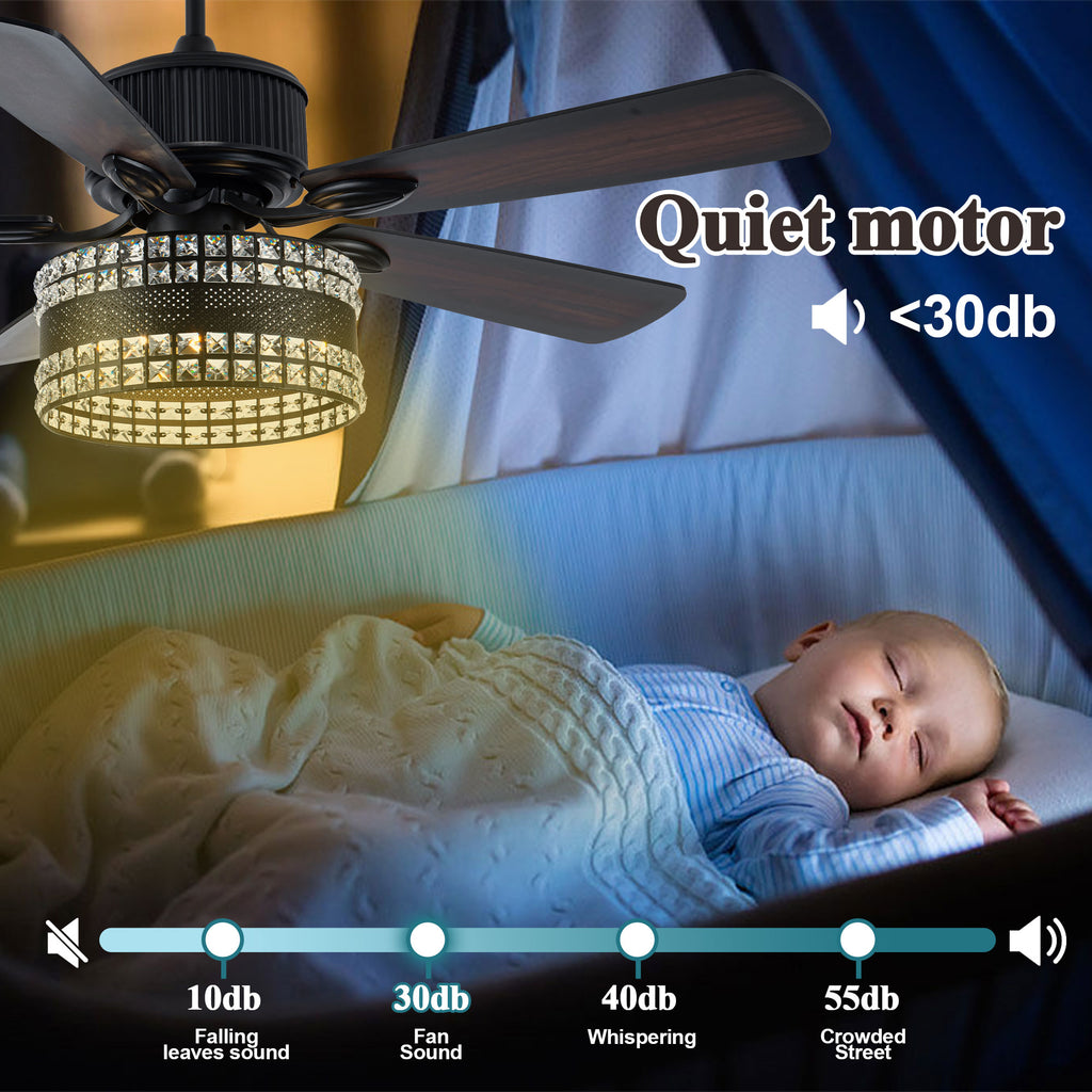 BD2069-BellaDepot 52" Black Crystal Caged Reversible Ceiling Fan with Remote and 3 Lights, DC Motor Ceiling Fan